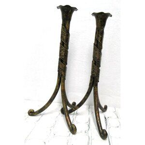 Pair of 10" Metal Candle Holders Wrapped in Poinsettia Flower Design Metal Band